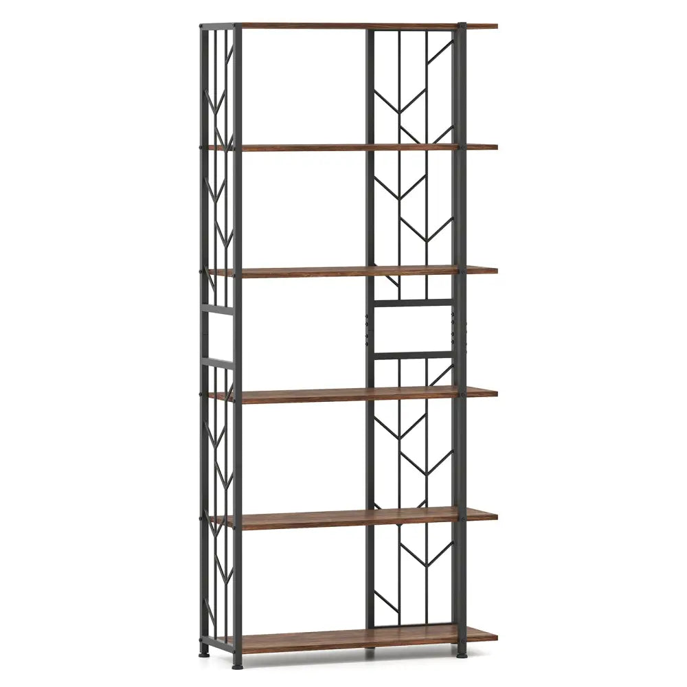 6-Tier Bookshelf Modern Geometric Bookcase with Heavy-duty Metal Frame and Anti-tipping Kits-Rustic Brown - Rustic