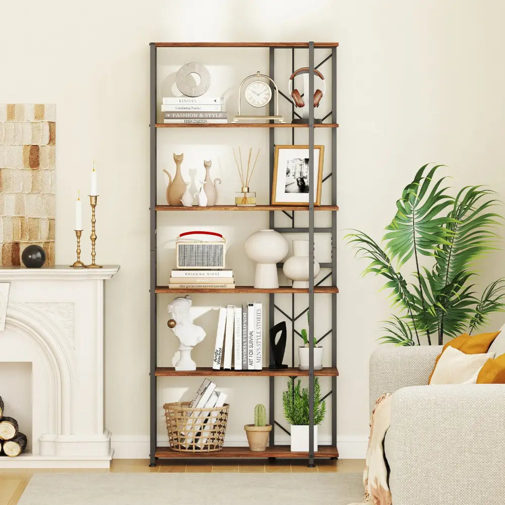 6-Tier Bookshelf Modern Geometric Bookcase with Heavy-duty Metal Frame and Anti-tipping Kits-Rustic Brown - Rustic