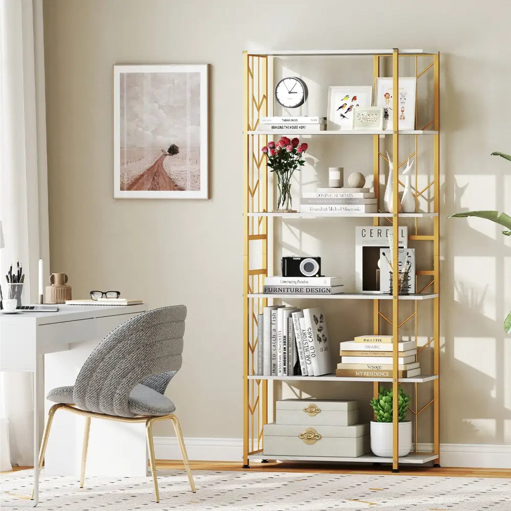 6-Tier Bookshelf Modern Geometric Bookcase with Heavy-duty Metal Frame and Anti-tipping Kits-White - White - Bookcases