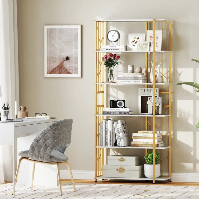 6-Tier Bookshelf Modern Geometric Bookcase with Heavy-duty Metal Frame and Anti-tipping Kits-White - White - Bookcases