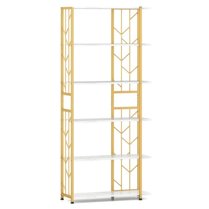 6-Tier Bookshelf Modern Geometric Bookcase with Heavy-duty Metal Frame and Anti-tipping Kits-White - White - Bookcases