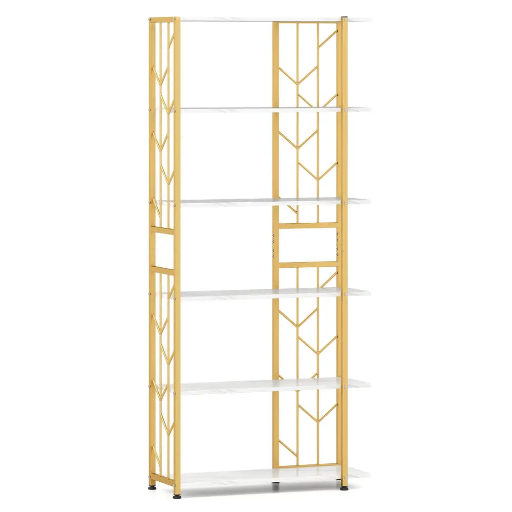 6-Tier Bookshelf Modern Geometric Bookcase with Heavy-duty Metal Frame and Anti-tipping Kits-White - White - Bookcases