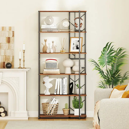 6-Tier Bookshelf Modern Geometric Bookcase with Heavy-duty Metal Frame and Anti-tipping Kits-Rustic Brown - Rustic