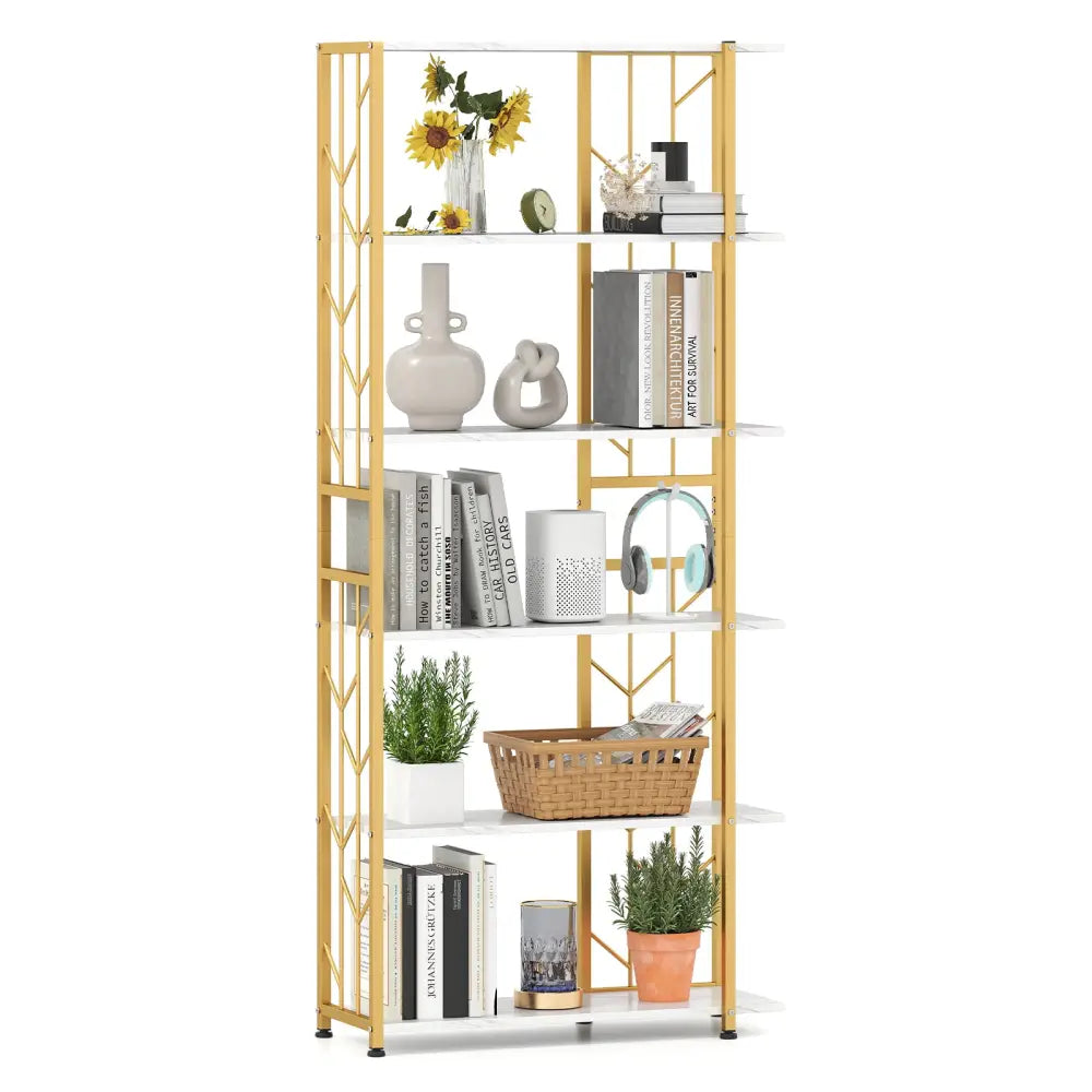 6-Tier Bookshelf Modern Geometric Bookcase with Heavy-duty Metal Frame and Anti-tipping Kits-White - White - Bookcases