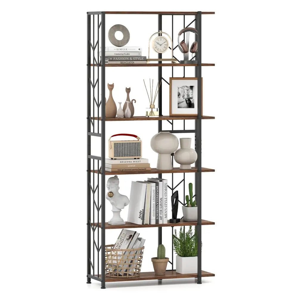 6-Tier Bookshelf Modern Geometric Bookcase with Heavy-duty Metal Frame and Anti-tipping Kits-Rustic Brown - Rustic