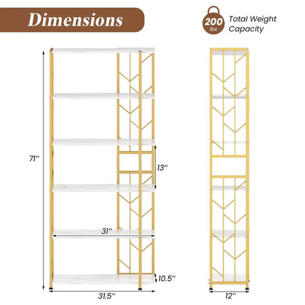 6-Tier Bookshelf Modern Geometric Bookcase with Heavy-duty Metal Frame and Anti-tipping Kits-White - White - Bookcases