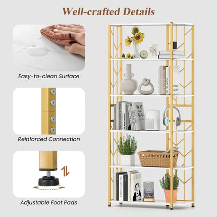 6-Tier Bookshelf Modern Geometric Bookcase with Heavy-duty Metal Frame and Anti-tipping Kits-White - White - Bookcases