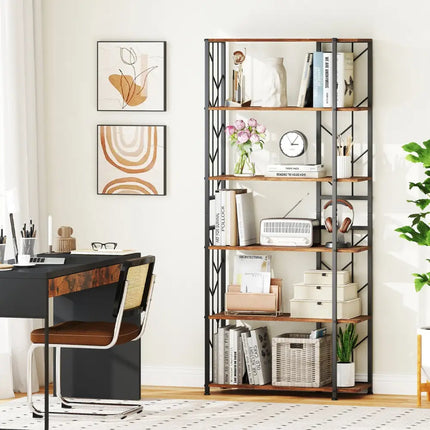 6-Tier Bookshelf Modern Geometric Bookcase with Heavy-duty Metal Frame and Anti-tipping Kits-Rustic Brown - Rustic