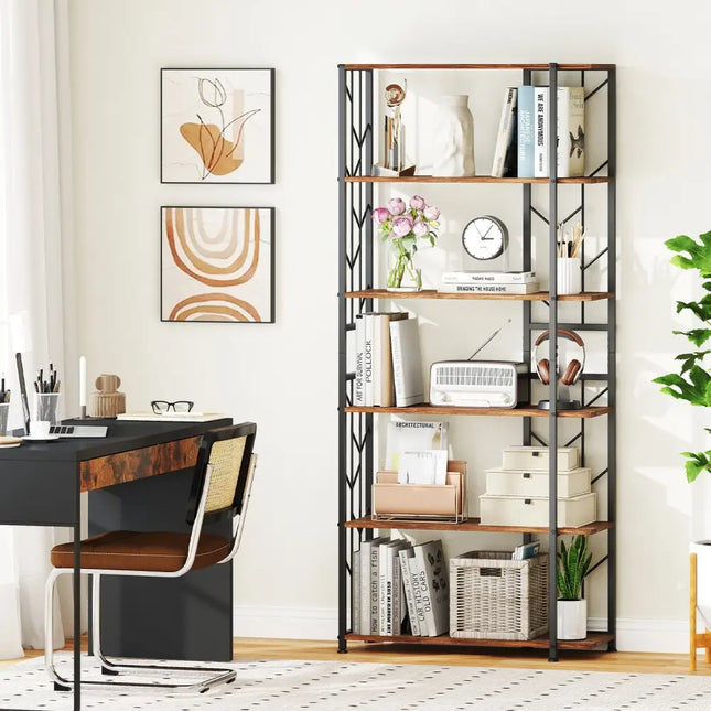 6-Tier Bookshelf Modern Geometric Bookcase with Heavy-duty Metal Frame and Anti-tipping Kits-Rustic Brown - Rustic