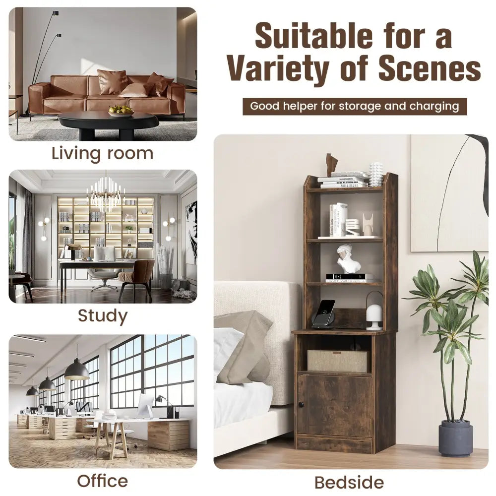 6-Tier Bookshelf Nightstand with Charging Station and Cabinet-Rustic Brown - Rustic Brown - Bookcases