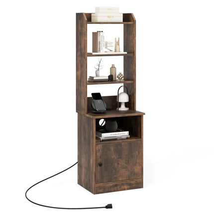 6-Tier Bookshelf Nightstand with Charging Station and Cabinet-Rustic Brown - Rustic Brown - Bookcases