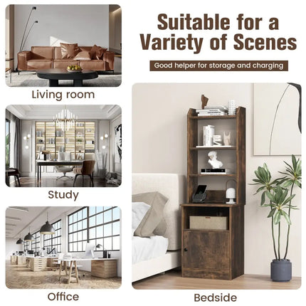 6-Tier Bookshelf Nightstand with Charging Station and Cabinet-Rustic Brown - Rustic Brown - Bookcases
