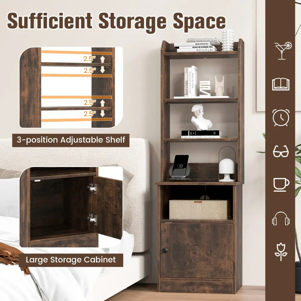 6-Tier Bookshelf Nightstand with Charging Station and Cabinet-Rustic Brown - Rustic Brown - Bookcases