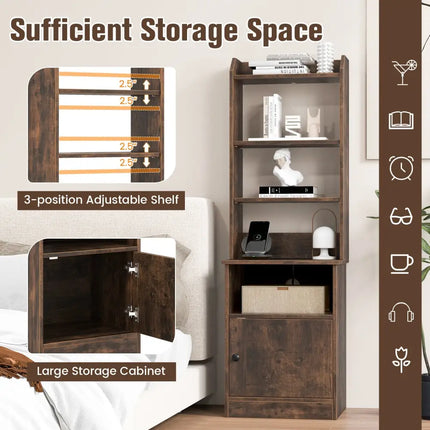 6-Tier Bookshelf Nightstand with Charging Station and Cabinet-Rustic Brown - Rustic Brown - Bookcases