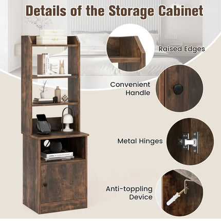 6-Tier Bookshelf Nightstand with Charging Station and Cabinet-Rustic Brown - Rustic Brown - Bookcases