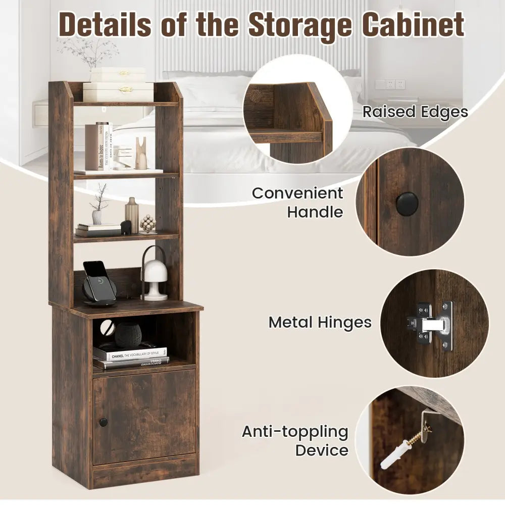 6-Tier Bookshelf Nightstand with Charging Station and Cabinet-Rustic Brown - Rustic Brown - Bookcases