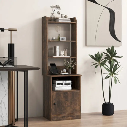 6-Tier Bookshelf Nightstand with Charging Station and Cabinet-Rustic Brown - Rustic Brown - Bookcases