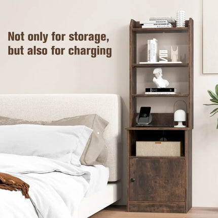 6-Tier Bookshelf Nightstand with Charging Station and Cabinet-Rustic Brown - Rustic Brown - Bookcases