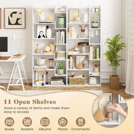 6-Tier Bookshelf Wooden Bookcase with 2 Anti-Tipping Kits Open Display Shelf-White - White - Bookcases
