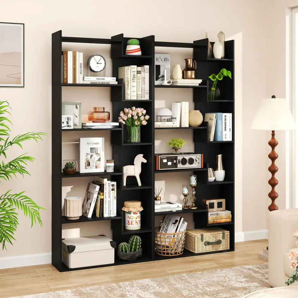 6-Tier Bookshelf Wooden Bookcase with 2 Anti-Tipping Kits Open Display Shelf-Black - Black - Bookcases