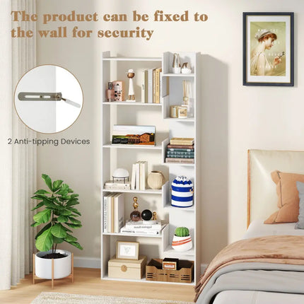 6-Tier Bookshelf Wooden Bookcase with 2 Anti-Tipping Kits Open Display Shelf-White - White - Bookcases