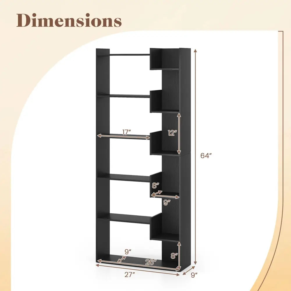 6-Tier Bookshelf Wooden Bookcase with 2 Anti-Tipping Kits Open Display Shelf-Black - Black - Bookcases