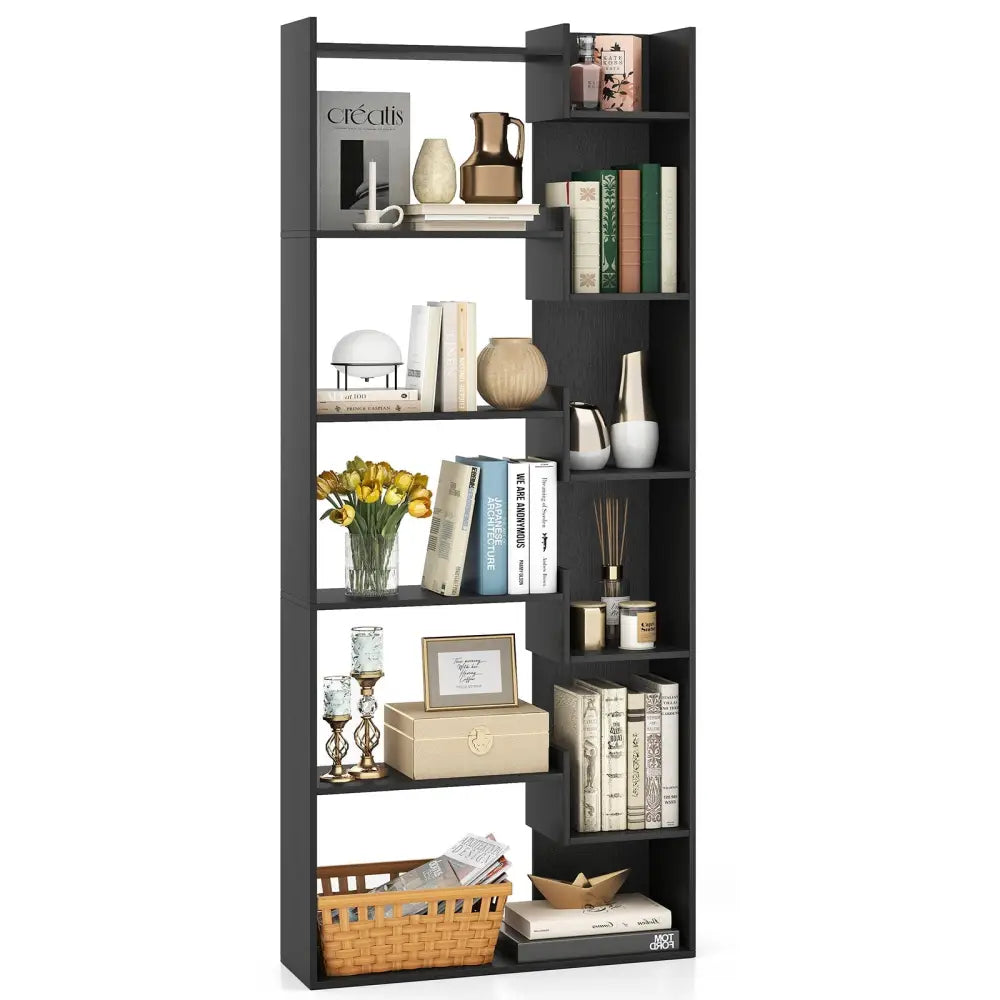 6-Tier Bookshelf Wooden Bookcase with 2 Anti-Tipping Kits Open Display Shelf-Black - Black - Bookcases