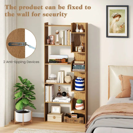 6-Tier Bookshelf Wooden Bookcase with 2 Anti-Tipping Kits Open Display Shelf-Natural - Natural - Bookcases