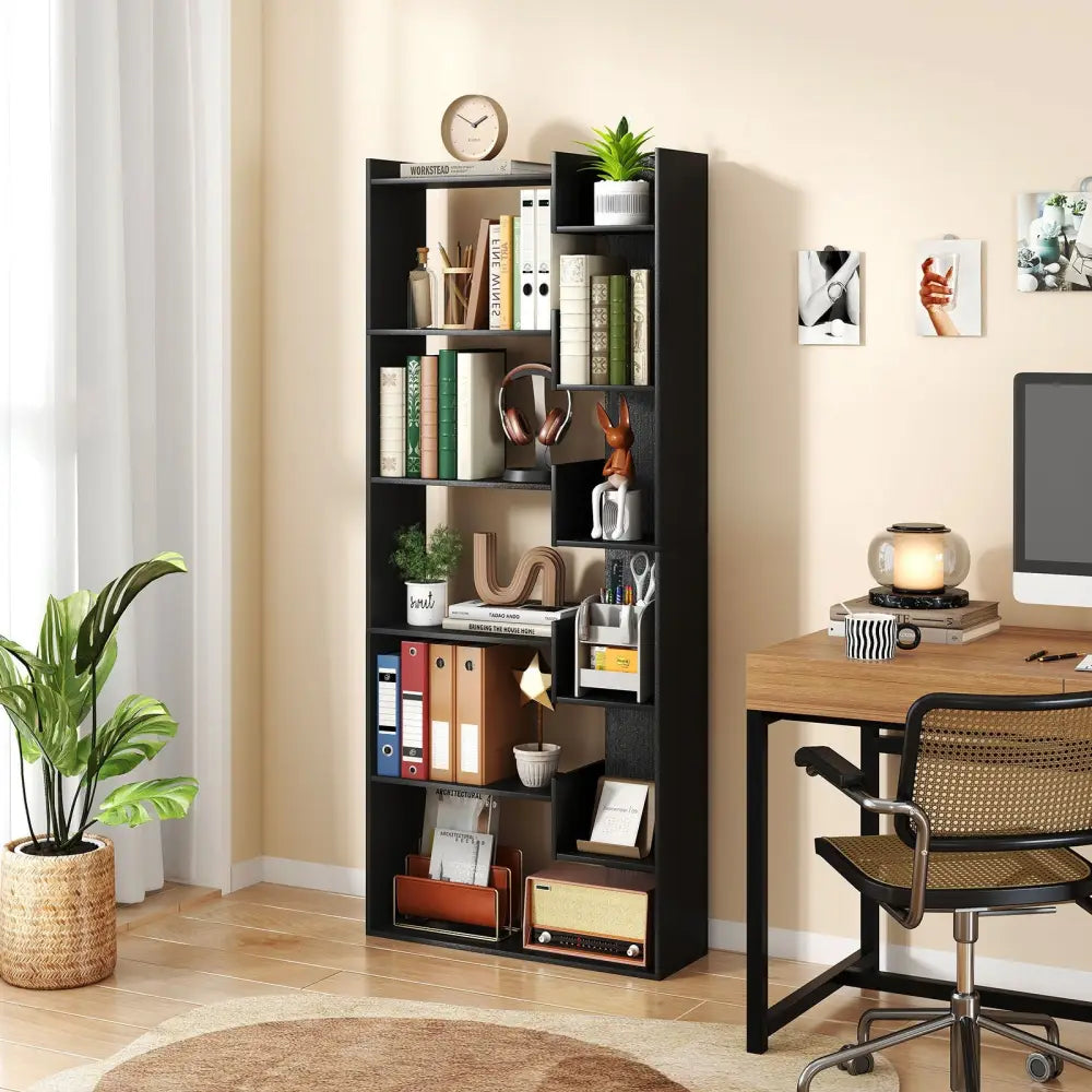 6-Tier Bookshelf Wooden Bookcase with 2 Anti-Tipping Kits Open Display Shelf-Black - Black - Bookcases