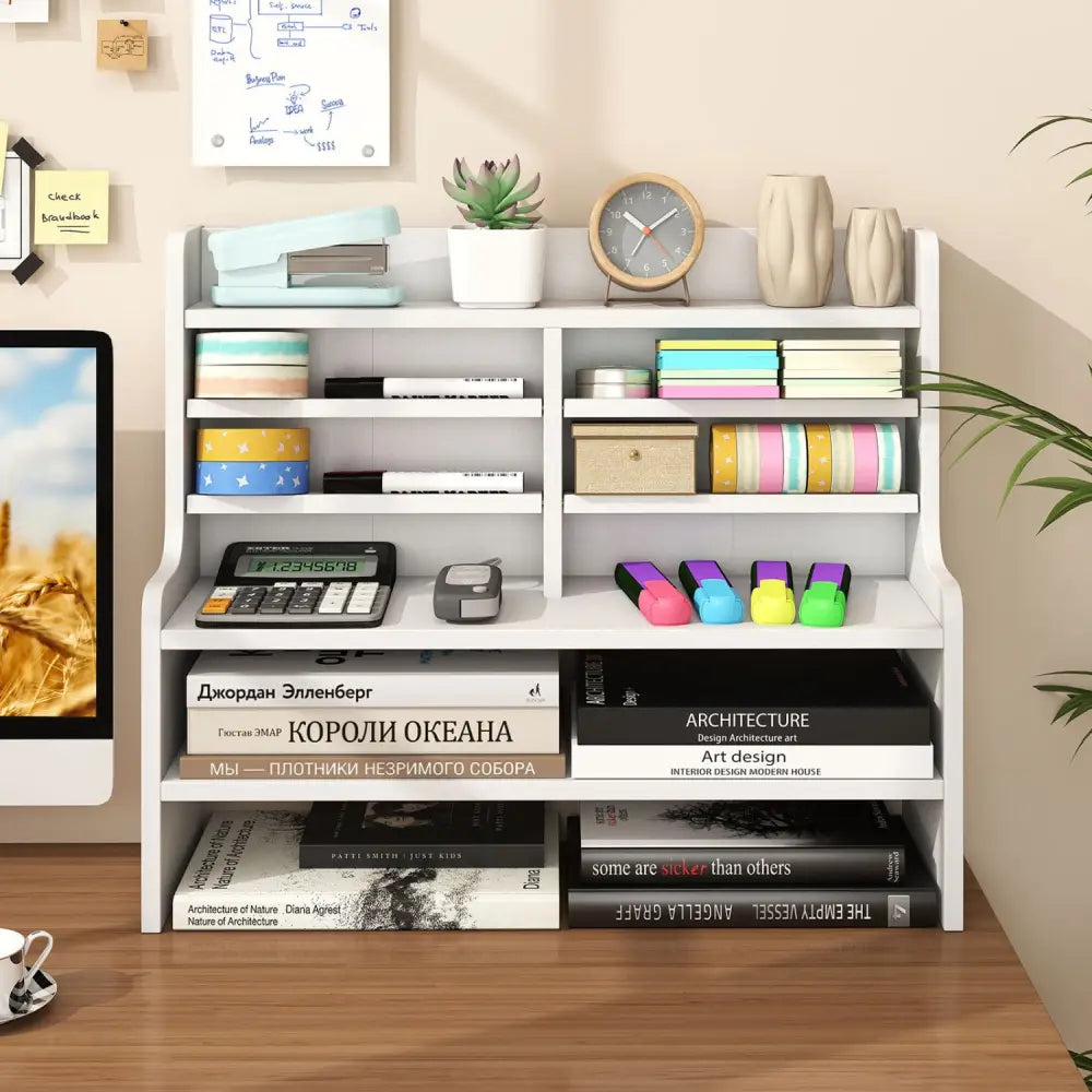 6-Tier Compact Storage Rack with 4 Removable Shelves for Small Spaces Home Office-White - White - Bookcases