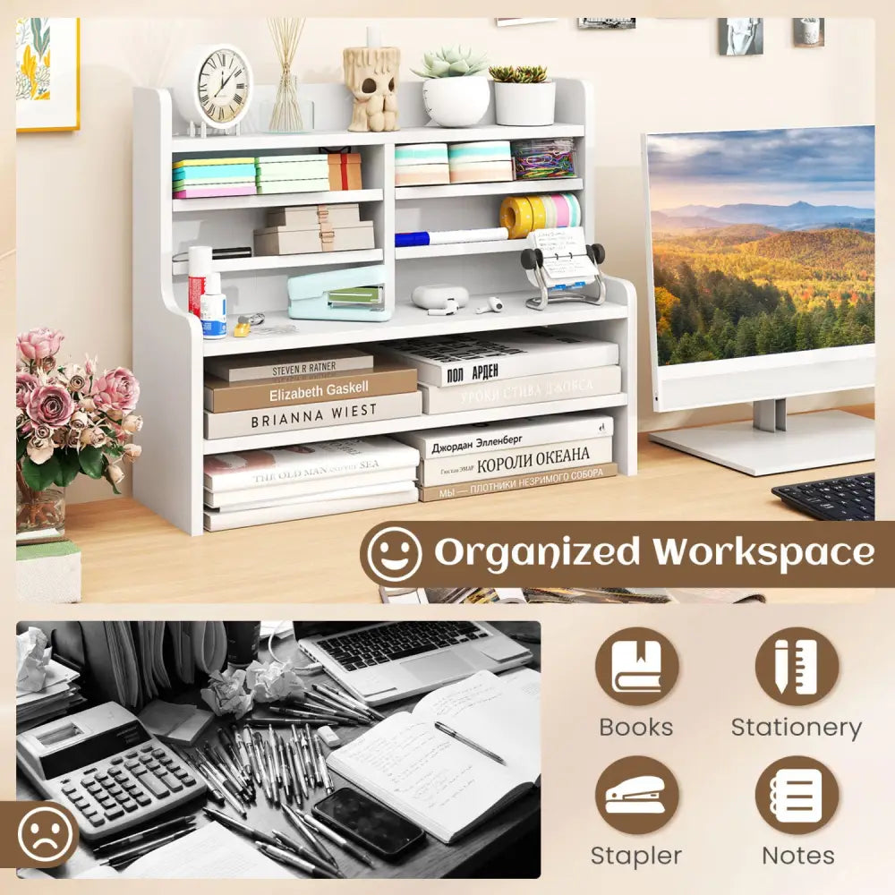 6-Tier Compact Storage Rack with 4 Removable Shelves for Small Spaces Home Office-White - White - Bookcases