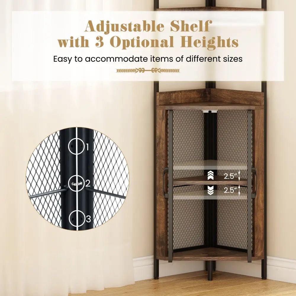 6-Tier Corner Shelf 67 Inches Tall Corner Bookshelf with Cabinet Industrial Bookcase-Brown - Brown - Bookcases