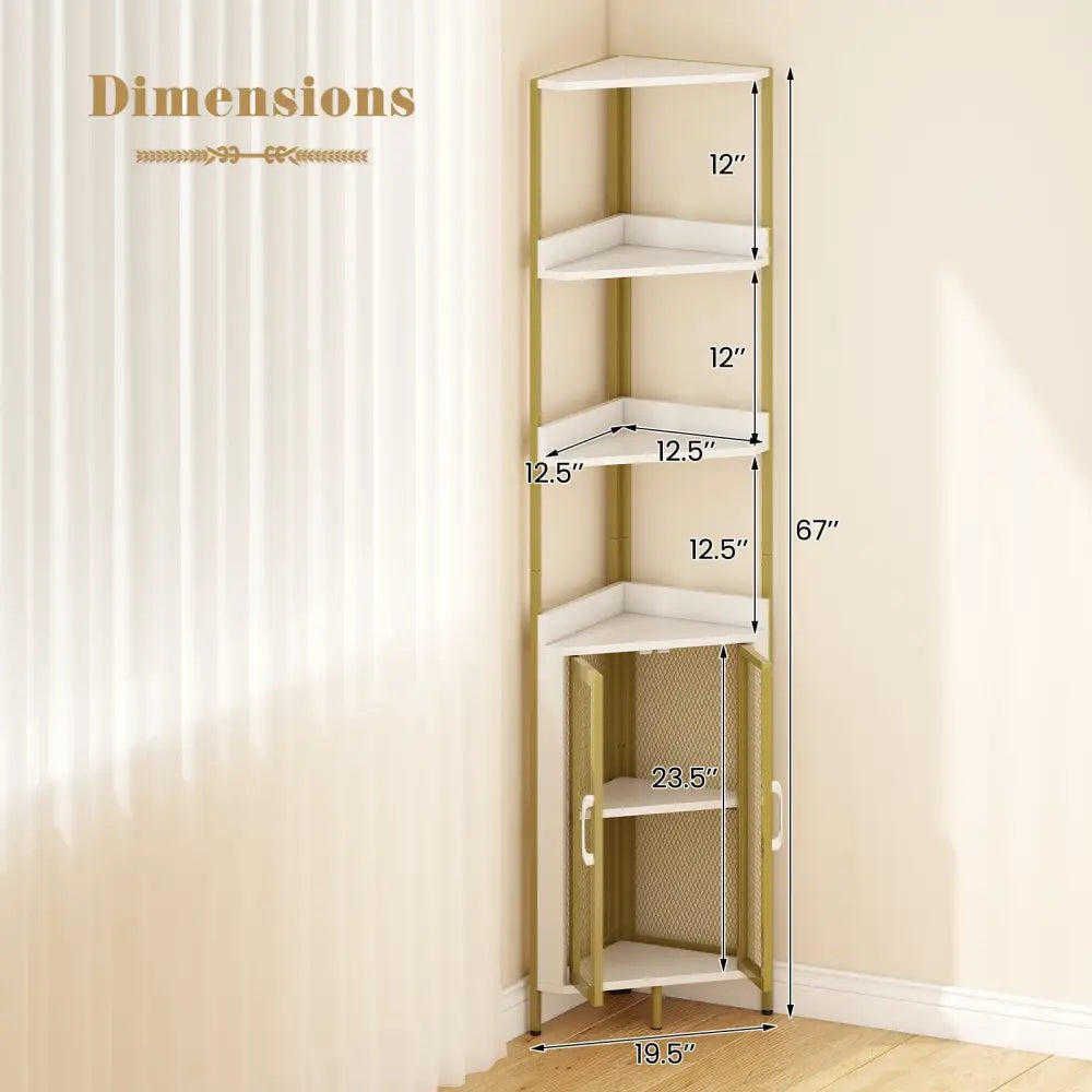 6-Tier Corner Shelf 67 Inches Tall Corner Bookshelf with Cabinet Industrial Bookcase-White - White - Bookcases