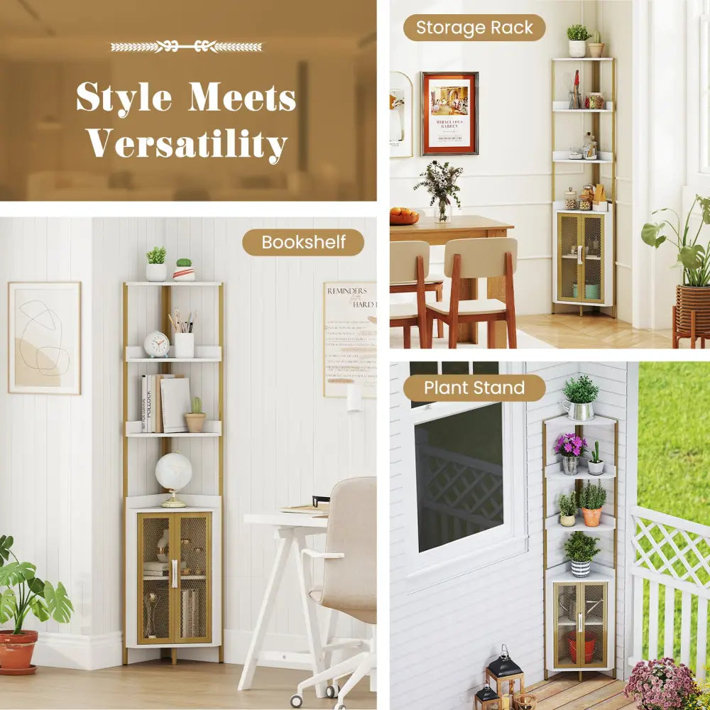 6-Tier Corner Shelf 67 Inches Tall Corner Bookshelf with Cabinet Industrial Bookcase-White - White - Bookcases