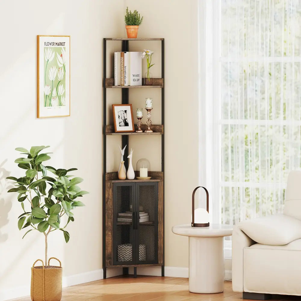 6-Tier Corner Shelf 67 Inches Tall Corner Bookshelf with Cabinet Industrial Bookcase-Brown - Brown - Bookcases
