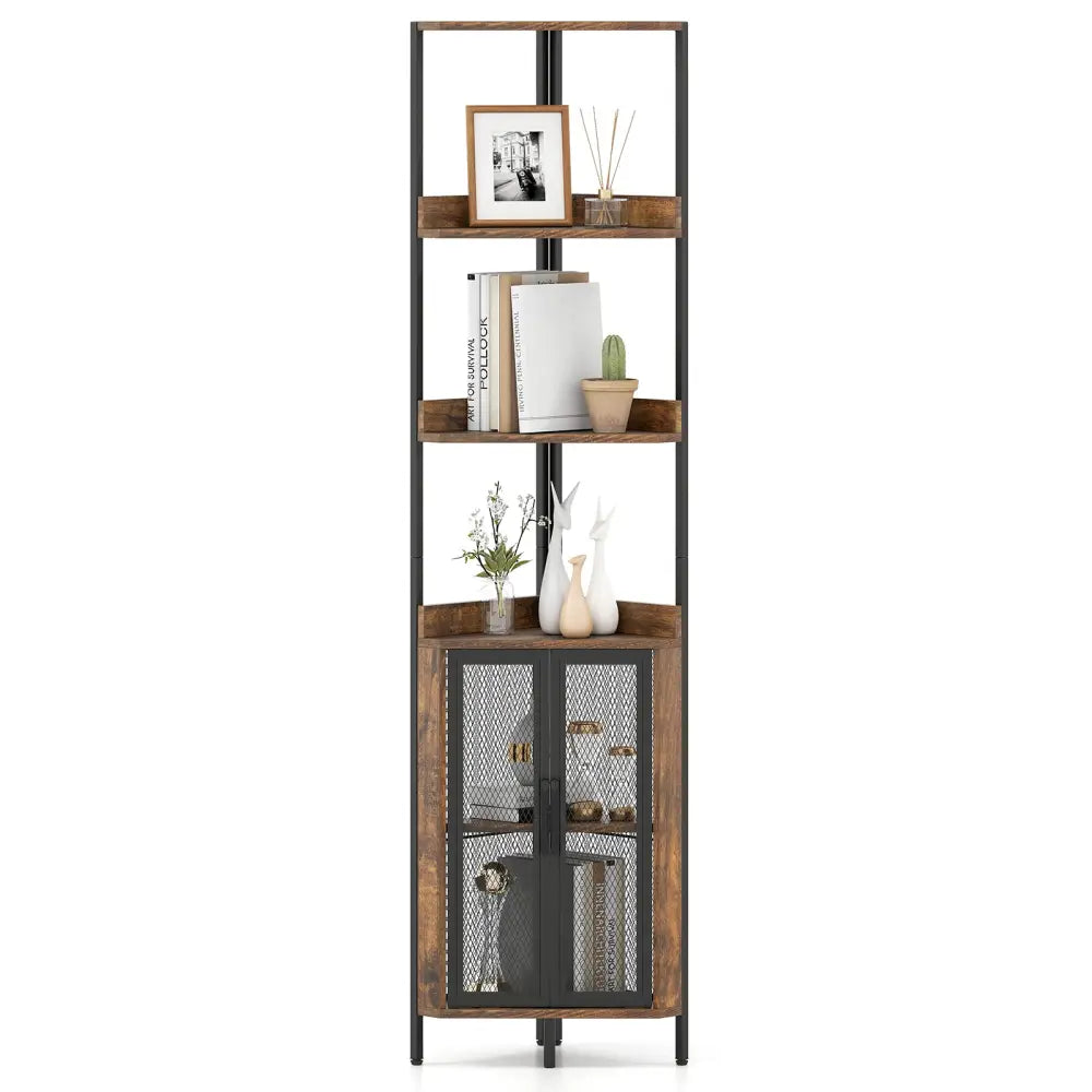 6-Tier Corner Shelf 67 Inches Tall Corner Bookshelf with Cabinet Industrial Bookcase-Brown - Brown - Bookcases