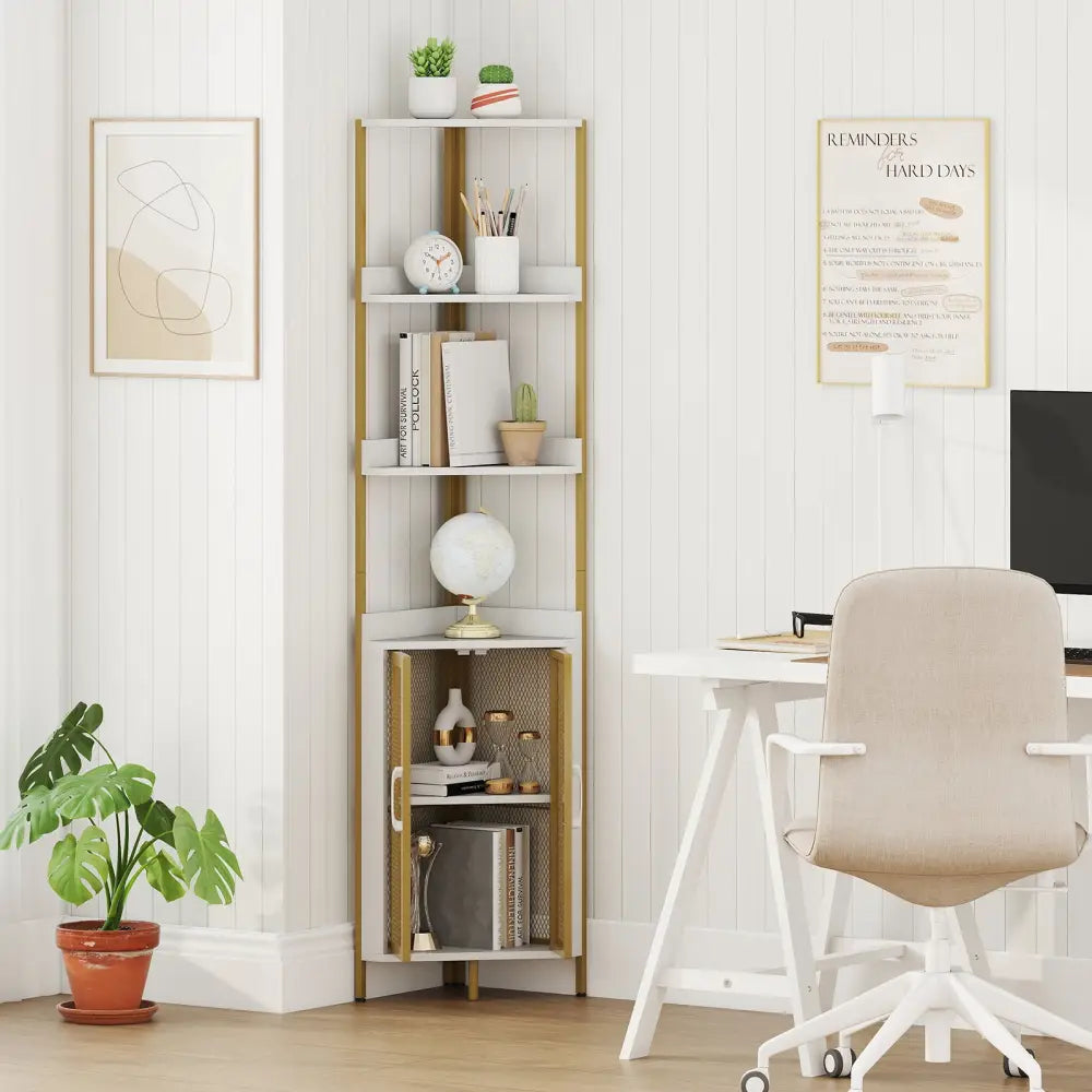 6-Tier Corner Shelf 67 Inches Tall Corner Bookshelf with Cabinet Industrial Bookcase-White - White - Bookcases