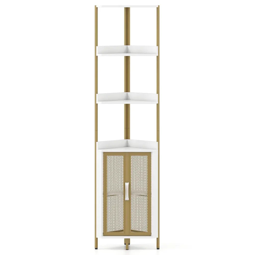 6-Tier Corner Shelf 67 Inches Tall Corner Bookshelf with Cabinet Industrial Bookcase-White - White - Bookcases