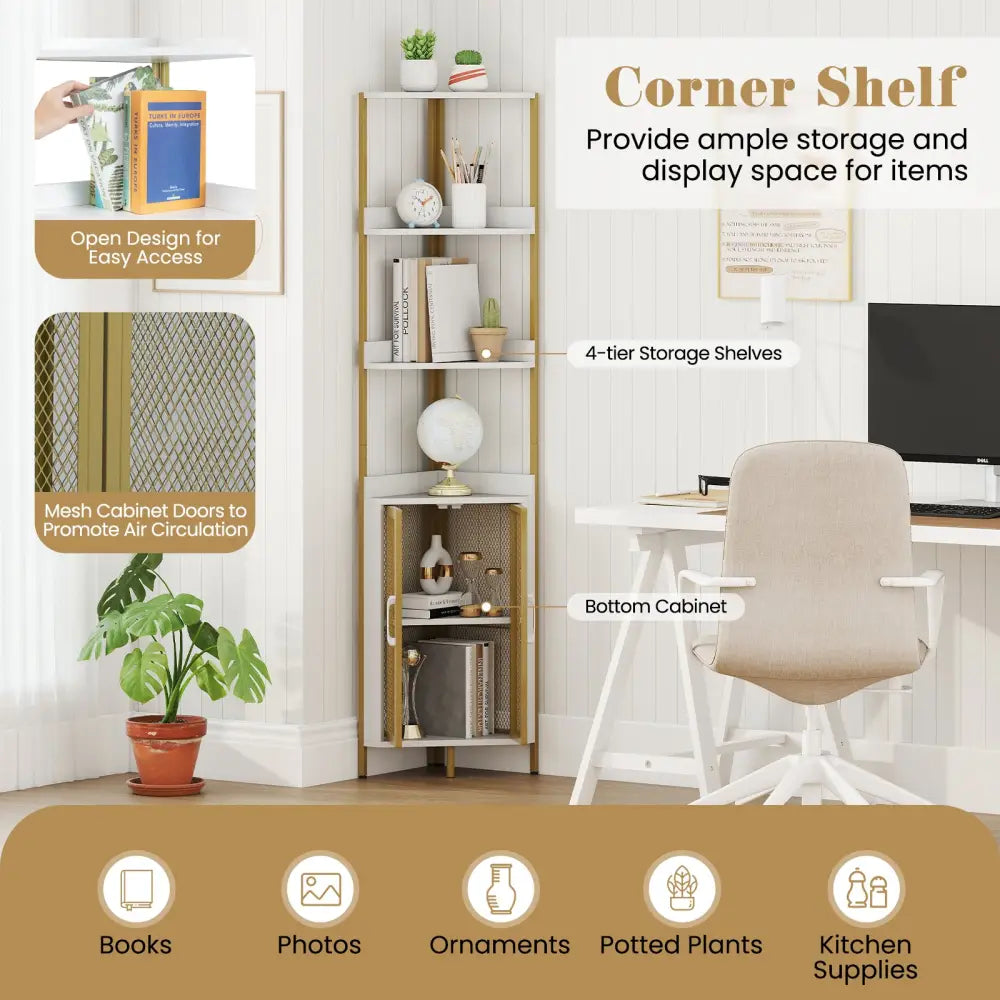 6-Tier Corner Shelf 67 Inches Tall Corner Bookshelf with Cabinet Industrial Bookcase-White - White - Bookcases