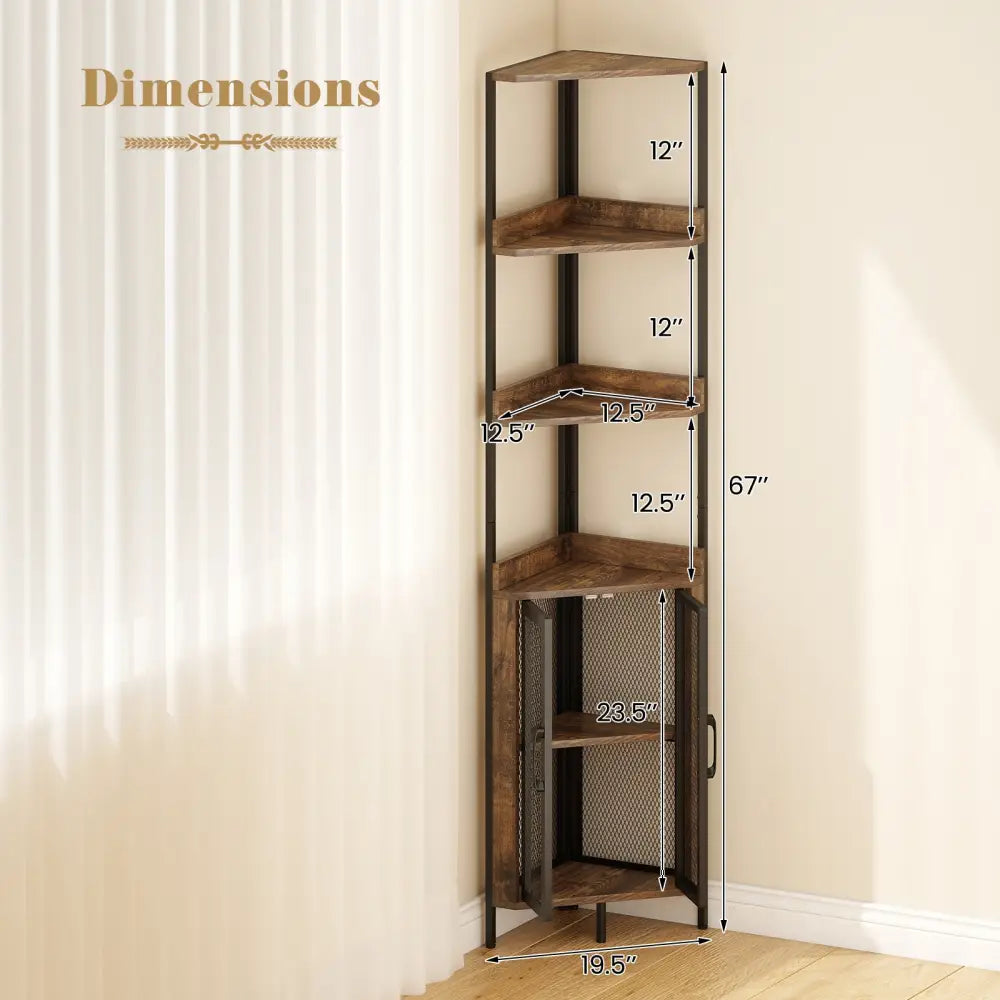 6-Tier Corner Shelf 67 Inches Tall Corner Bookshelf with Cabinet Industrial Bookcase-Brown - Brown - Bookcases
