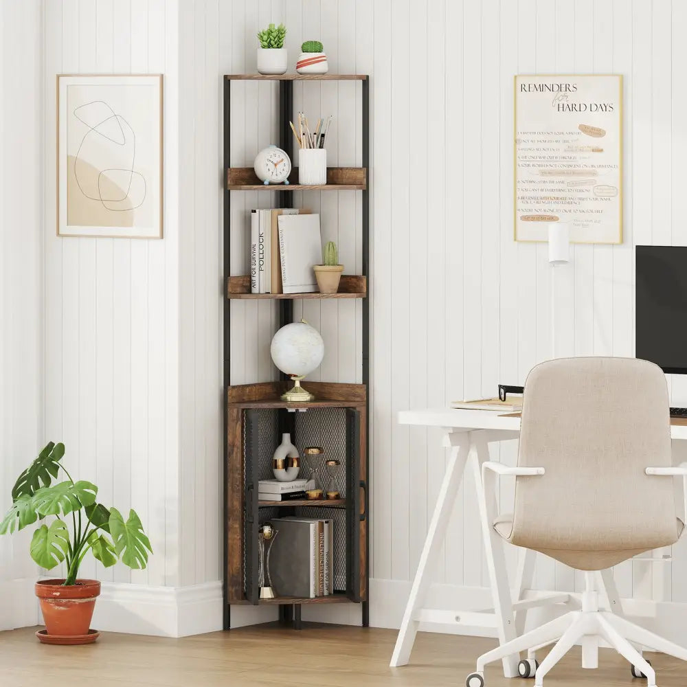 6-Tier Corner Shelf 67 Inches Tall Corner Bookshelf with Cabinet Industrial Bookcase-Brown - Brown - Bookcases