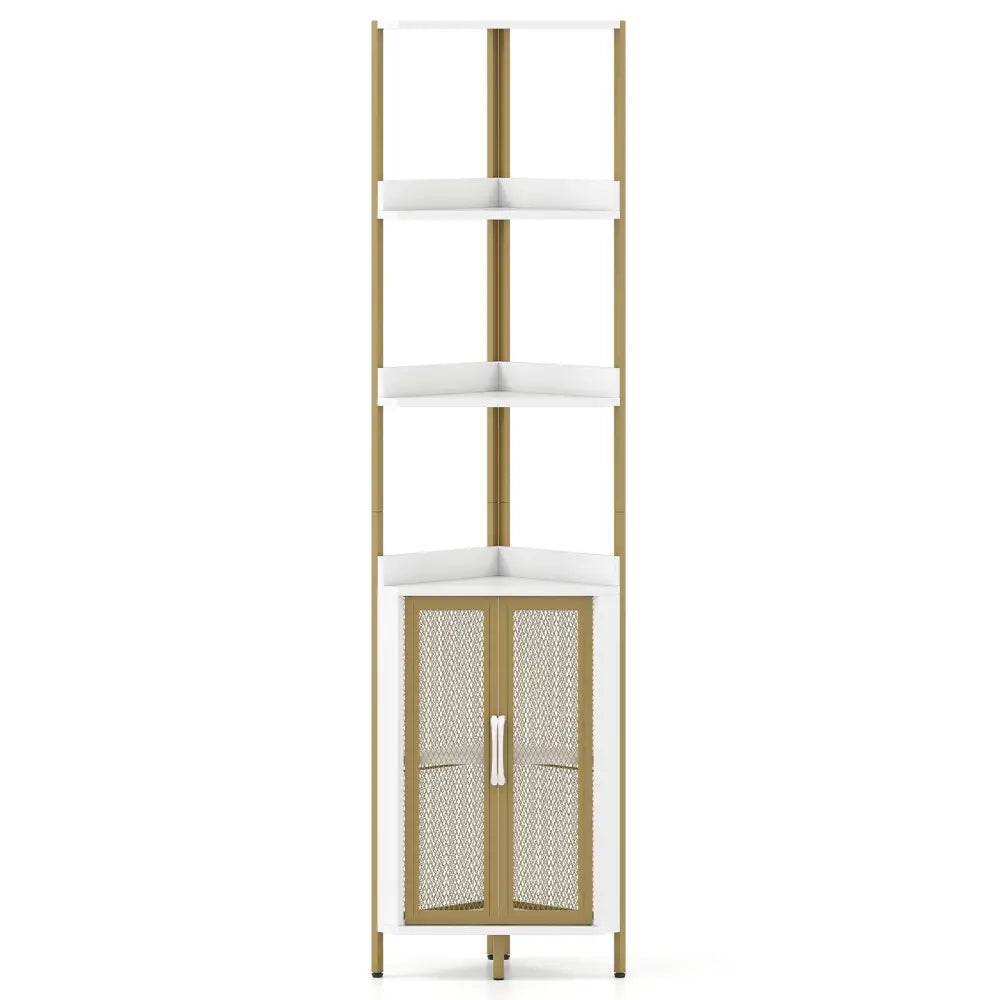 6-Tier Corner Shelf 67 Inches Tall Corner Bookshelf with Cabinet Industrial Bookcase-White - White - Bookcases