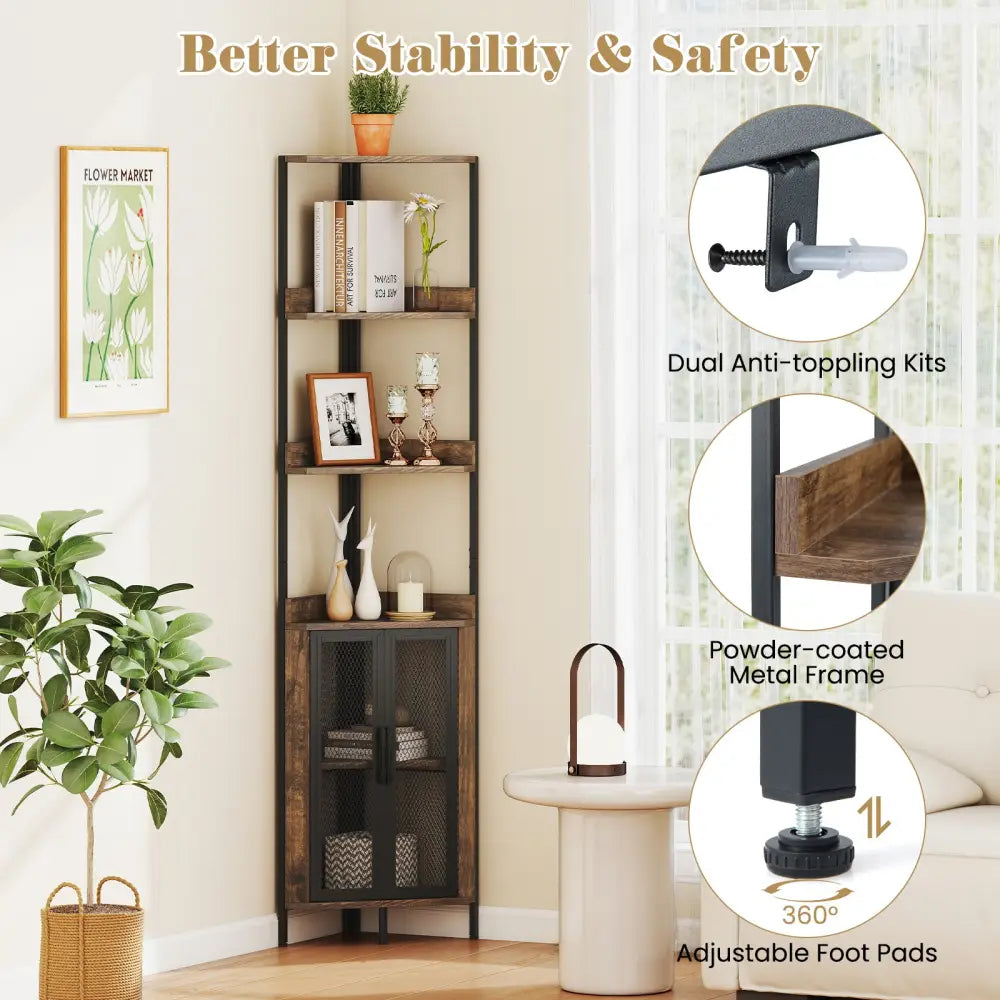 6-Tier Corner Shelf 67 Inches Tall Corner Bookshelf with Cabinet Industrial Bookcase-Brown - Brown - Bookcases