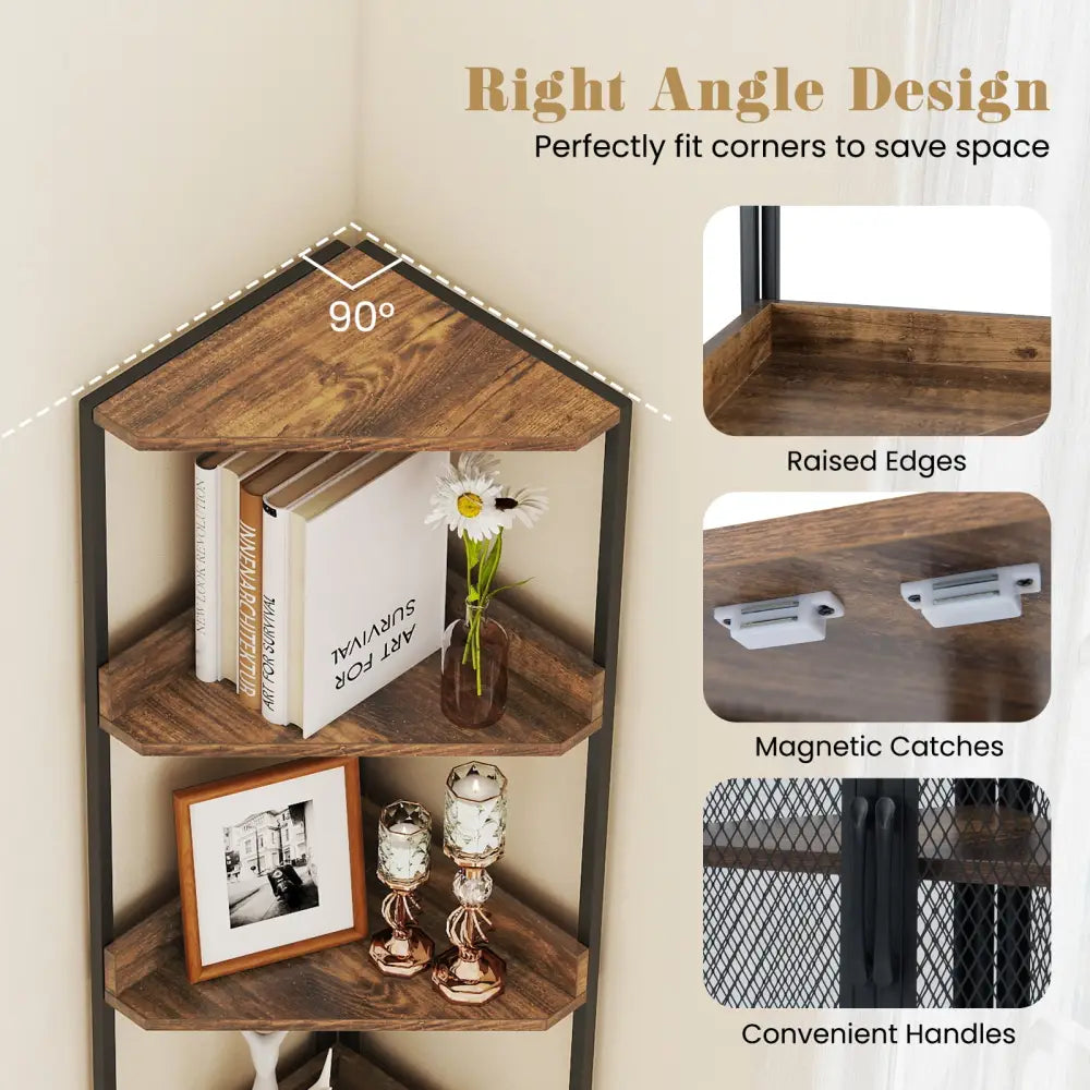 6-Tier Corner Shelf 67 Inches Tall Corner Bookshelf with Cabinet Industrial Bookcase-Brown - Brown - Bookcases