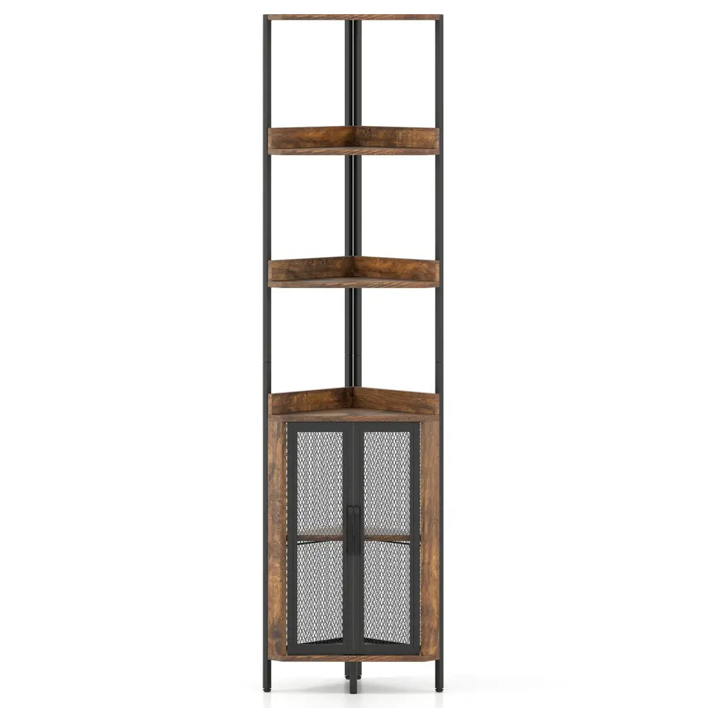 6-Tier Corner Shelf 67 Inches Tall Corner Bookshelf with Cabinet Industrial Bookcase-Brown - Brown - Bookcases