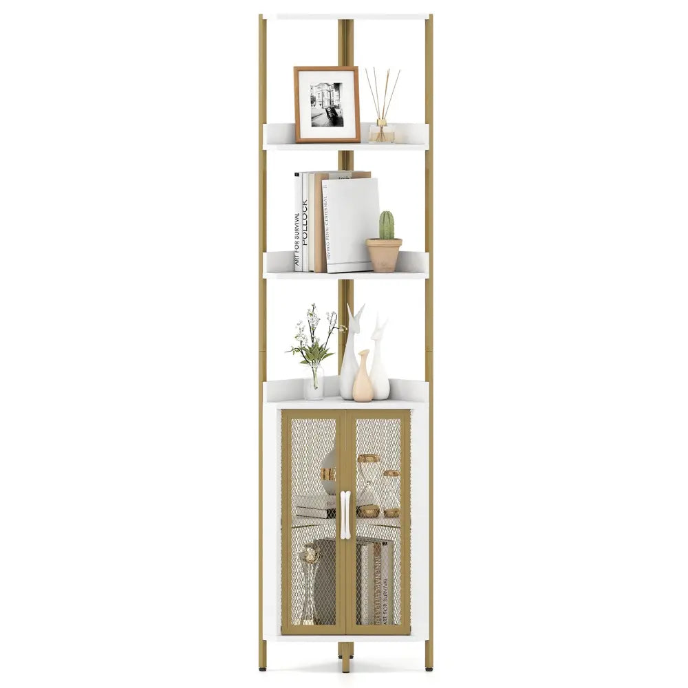 6-Tier Corner Shelf 67 Inches Tall Corner Bookshelf with Cabinet Industrial Bookcase-White - White - Bookcases