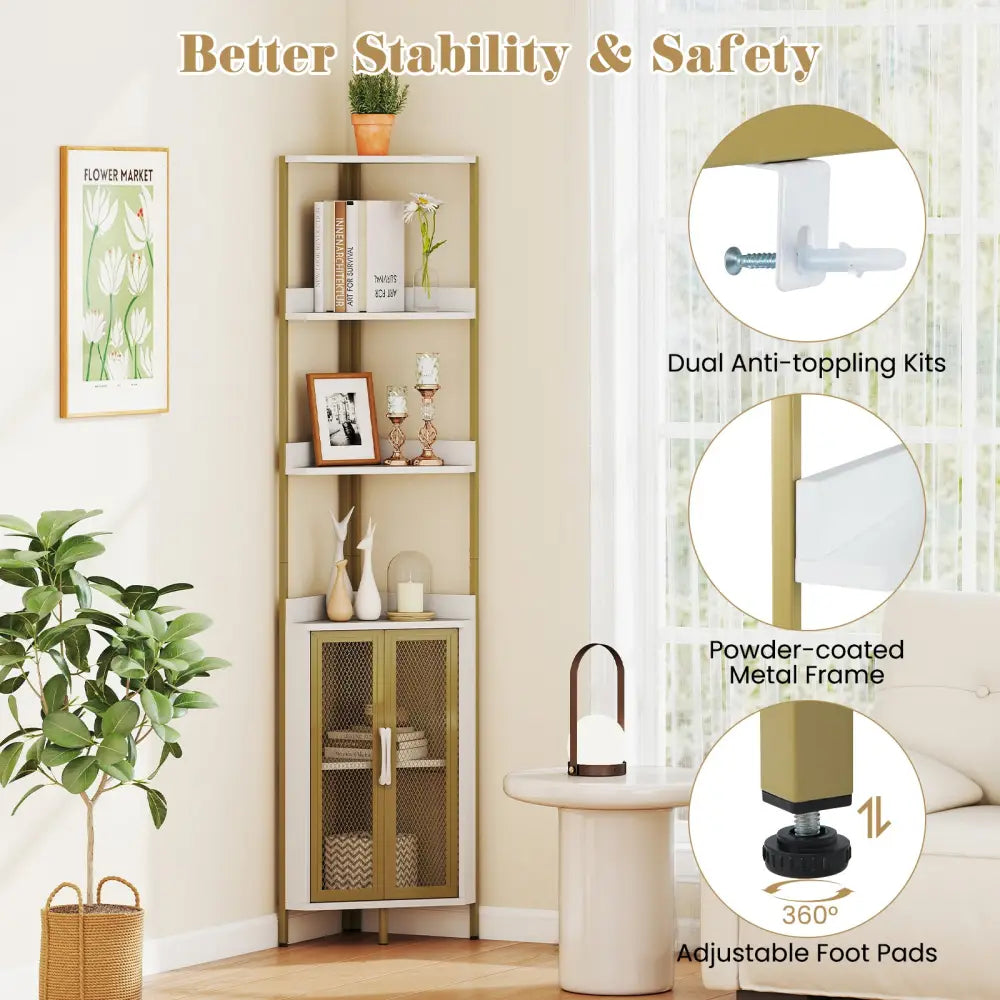 6-Tier Corner Shelf 67 Inches Tall Corner Bookshelf with Cabinet Industrial Bookcase-White - White - Bookcases