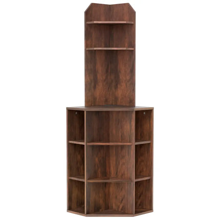 6-Tier Corner Shelf with Charging Station and 2 USB Ports-Brown - Brown - Bookcases