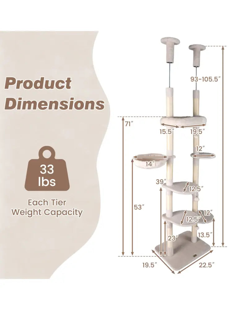 6-tier Floor to Ceiling Cat Tree with Plush Bed and Sisal Scratching Posts-Beige - Beige - Cat Trees Condos & Scratchers