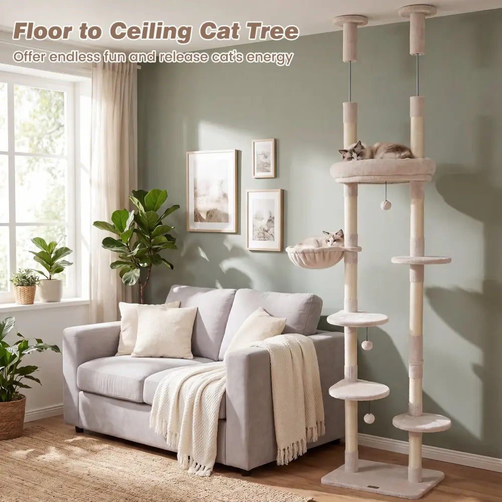 6-tier Floor to Ceiling Cat Tree with Plush Bed and Sisal Scratching Posts-Beige - Beige - Cat Trees Condos & Scratchers